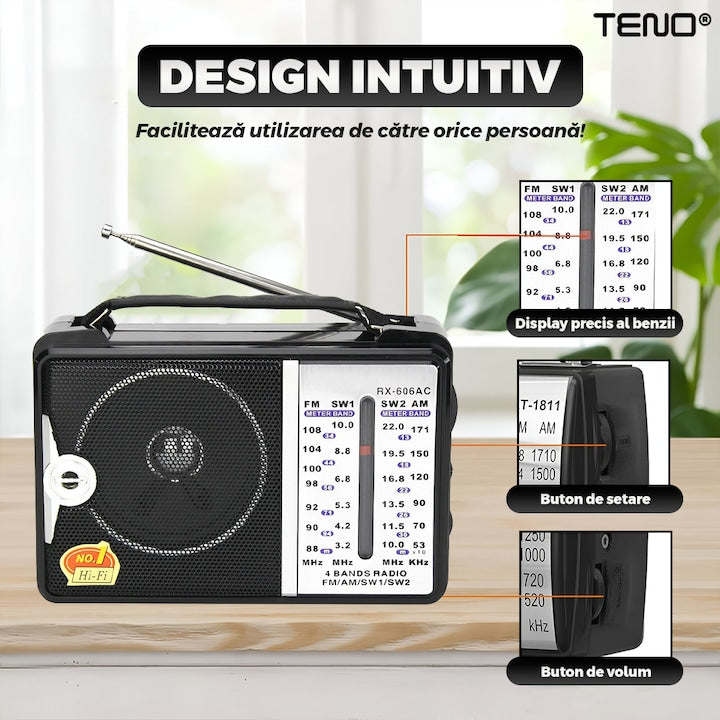 Radio Portabil Teno®, FM/AM/SW1/SW2, mod dual de alimentare, baterii/la priza, receptie ridicata ce prinde posturi regionale/la sate, negru