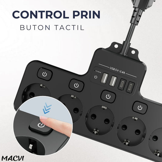 Multipriza Macvi cu 4 prize Schuko, 4 porturi USB, control individual, 4000W, extensie electrica pentru birou si acasa
