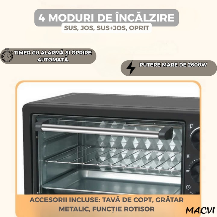 Cuptor Electric de Bucatarie Macvi® 2600W, 48L, Temperatura Reglabila 250°C, 4 Moduri Incalzire, Tava de Copt, Gratar, Functie Rotisor