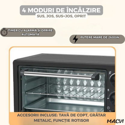 Cuptor Electric de Bucatarie Macvi® 2600W, 48L, Temperatura Reglabila 250°C, 4 Moduri Incalzire, Tava de Copt, Gratar, Functie Rotisor