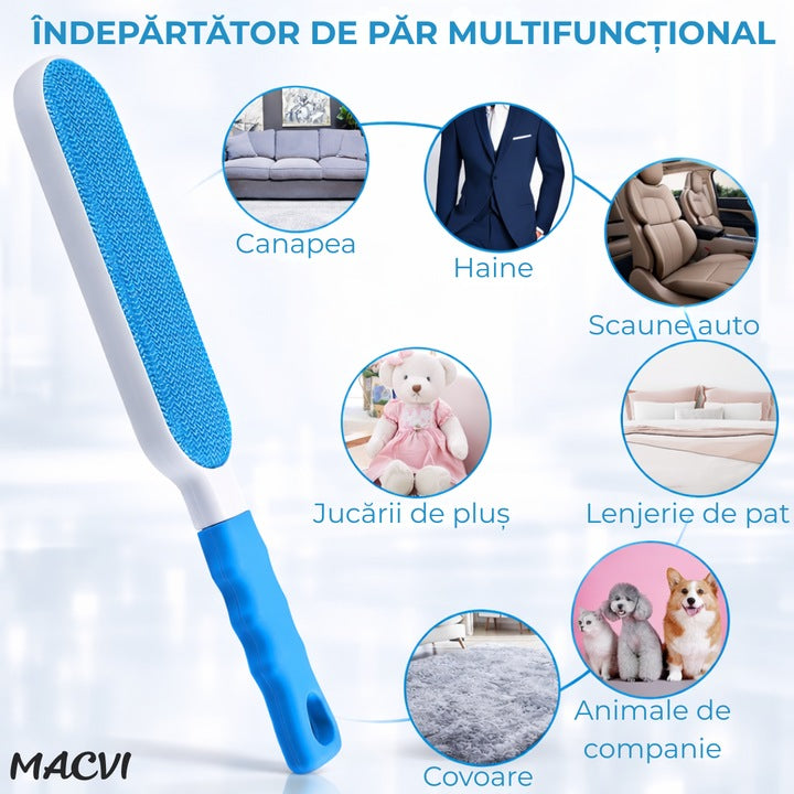 Set 2 Perii Speciale Macvi® pentru Indepartarea Parului de Animale de Pe Haine si Tapiterii, Sistem de Autocuratare, Perie de Dimensiuni Reduse Ideala pentru Calatorii, Alb/Albastru