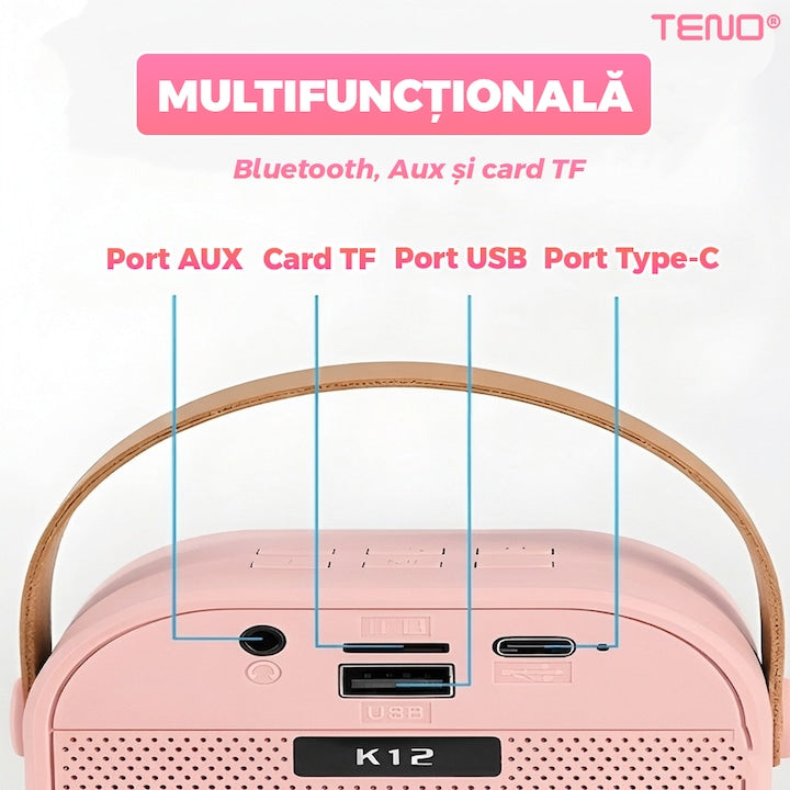Boxa Portabila Teno®, karaoke, 2 microfoane, 4 porturi, wireless, RBG, Roz