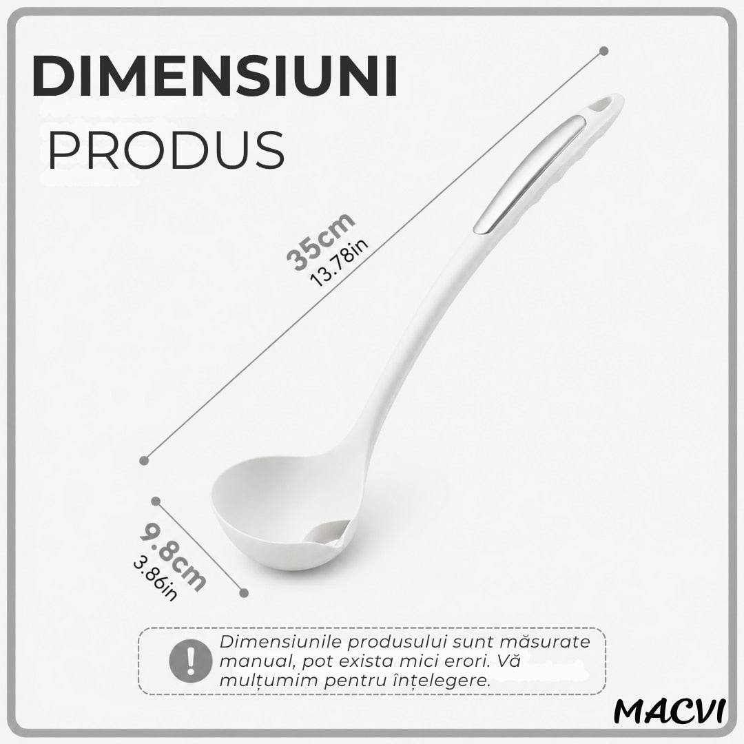 Polonic separator de grasime Macvi®, silicon alimentar, rezistent la caldura, alb