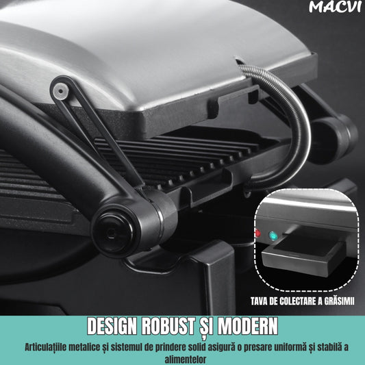 Sandwich-maker 3in1 Macvi®, grill/presa panini, 1800W, Negru/Argintiu
