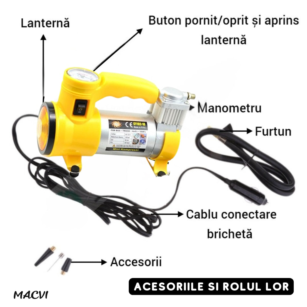 Compresor Auto Macvi® FOXMAG24, 12V, 150 PSI, 35L/min, Galben ,Putere si Eficienta pentru Vehicule Mari