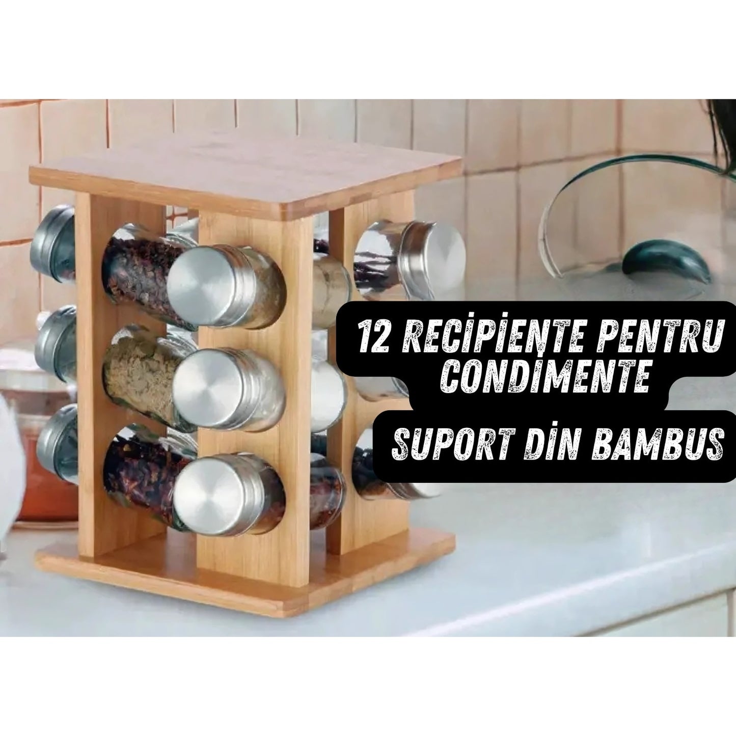 Set Condimente Macvi® Rotativ cu 12 Borcane Sticla Suport Bambus Carusel Bucatarie