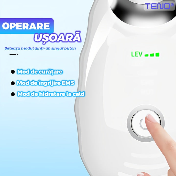 Dispozitiv Facial pentru Elinimarea Ridurilor Teno®, ingrijirea gatului, lifting, stimulare EMS, antirid, tratament LED,3 moduri de culoare, functie de incalzire, masaj, alb