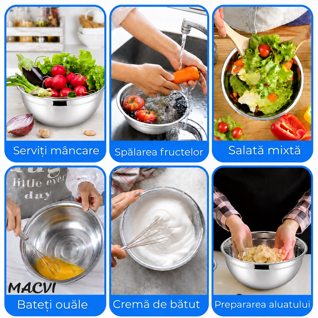 Castron Inox cu Capac si Baza Antiderapanta Macvi® 22 cm Bol Bucatarie, Otel Inoxidabil cu Capac Etans, Albastru