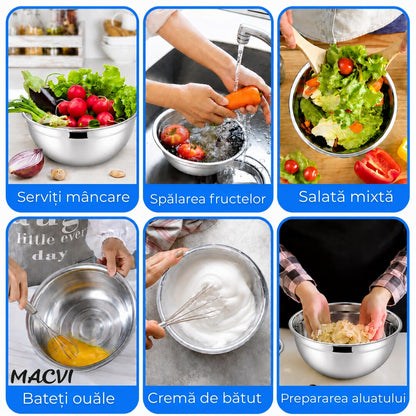 Castron Inox cu Capac si Baza Antiderapanta Macvi® 22 cm Bol Bucatarie, Otel Inoxidabil cu Capac Etans, Albastru