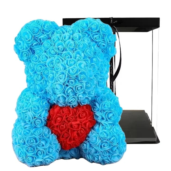 Ursulet Cu Inima Trandafiri Spuma Macvi®, 24 cm, Cutie Cadou Inclusa, Albastru, Decor Romantic, Cadou Valentine Aniversare