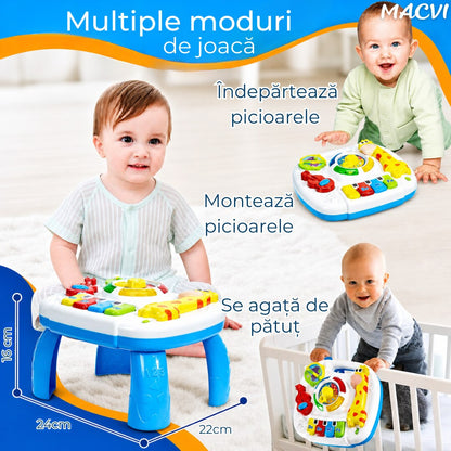 Masa Activitati Macvi® 2in1 bebelusi cu muzica, lumini si butoane educative, picioare detasabile