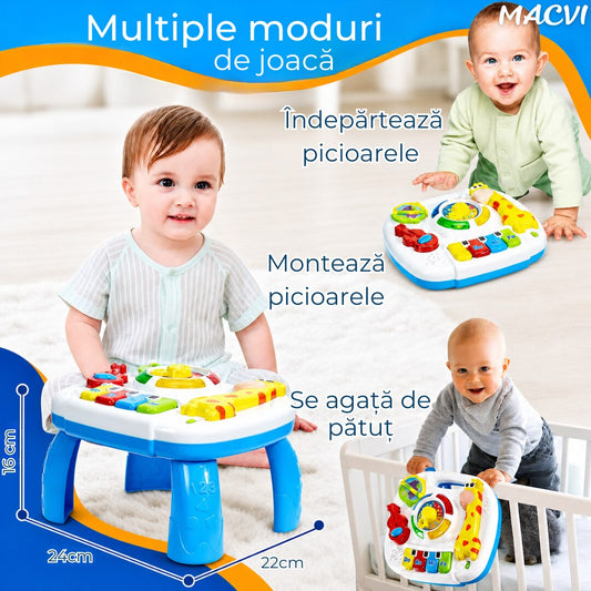 Masa Activitati Macvi® 2in1 bebelusi cu muzica, lumini si butoane educative, picioare detasabile