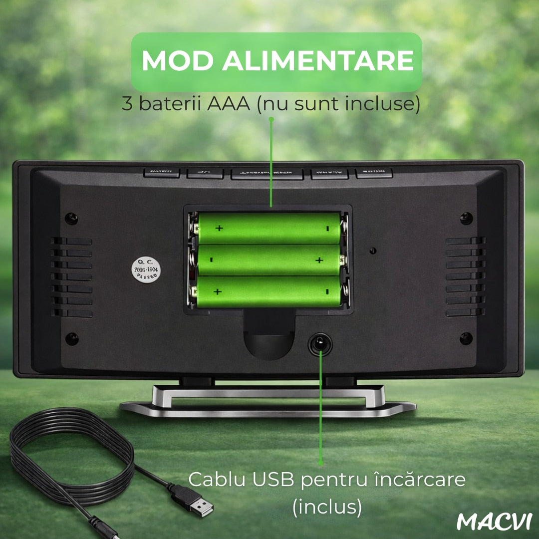 Ceas de masa tip oglinda Macvi® , model DT-6507, ecran LED curbat, afisare temperatura, Verde