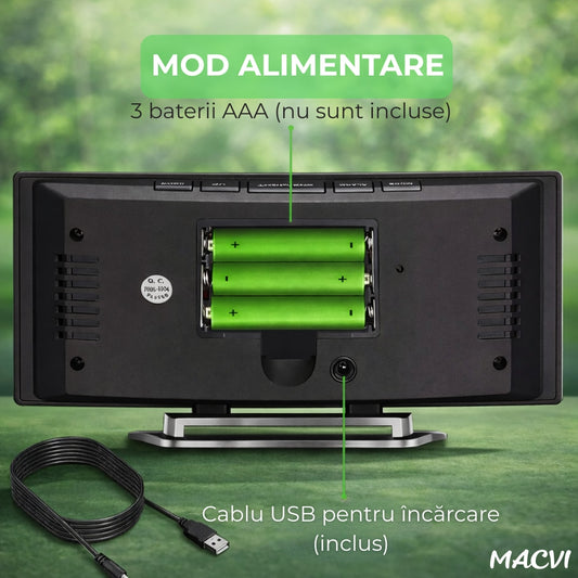 Ceas de masa tip oglinda Macvi® , model DT-6507, ecran LED curbat, afisare temperatura, Verde