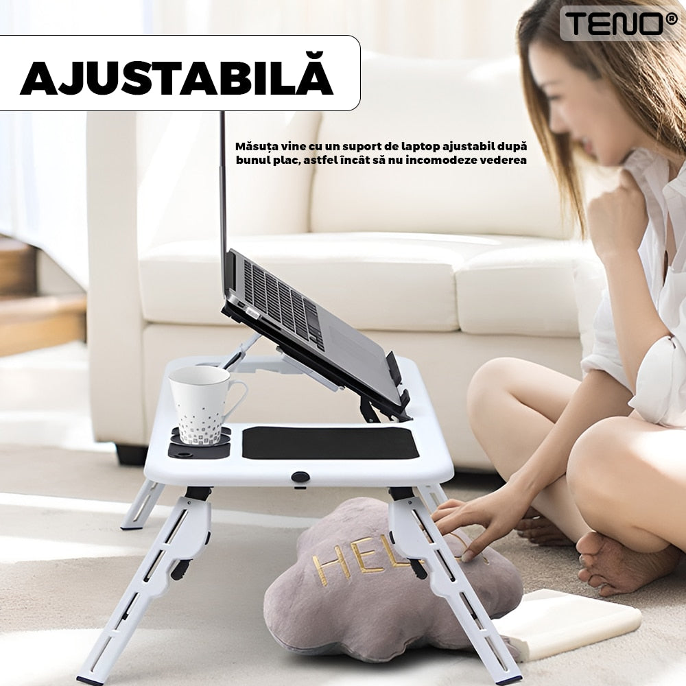 Masuta Universala Teno®, pliabila, pentru laptop/tableta/ mic dejun la pat, sistem cu fante de racire, suport pentru pahar, unghi reglabil, usor de depozitat, alb/negru