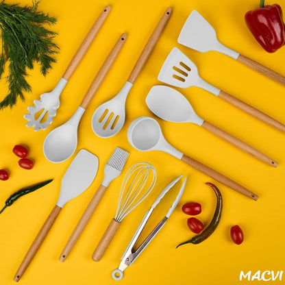 Set Ustensile Bucatarie Macvi® 19 Piese Silicon Termorezistent si Bambus, Cutite Inox, Suport Organizator Compact, Design Alb Elegant