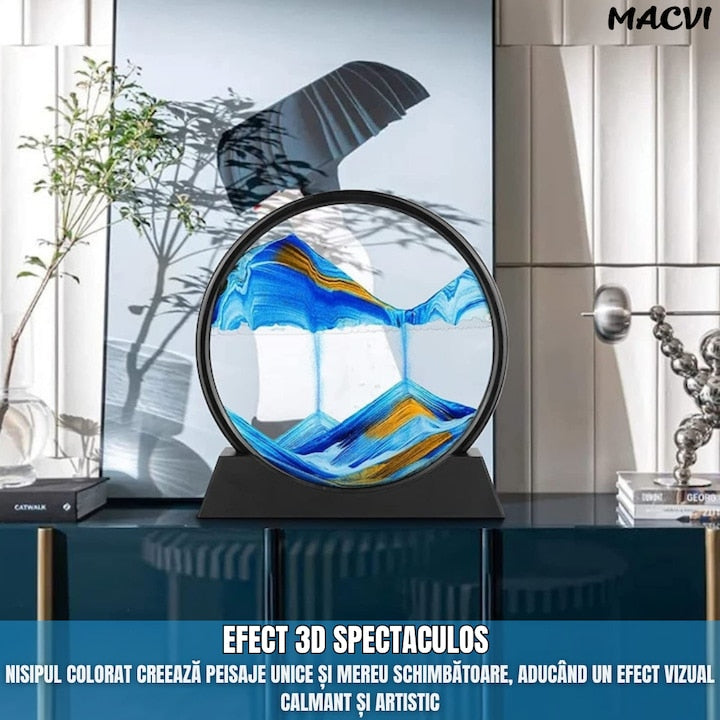 Obiect decorativ Macvi® cu efect 3D din nisip, masa rotativa 360°, baza din plastic, sticla si nisip, 18x19 cm, Albastru