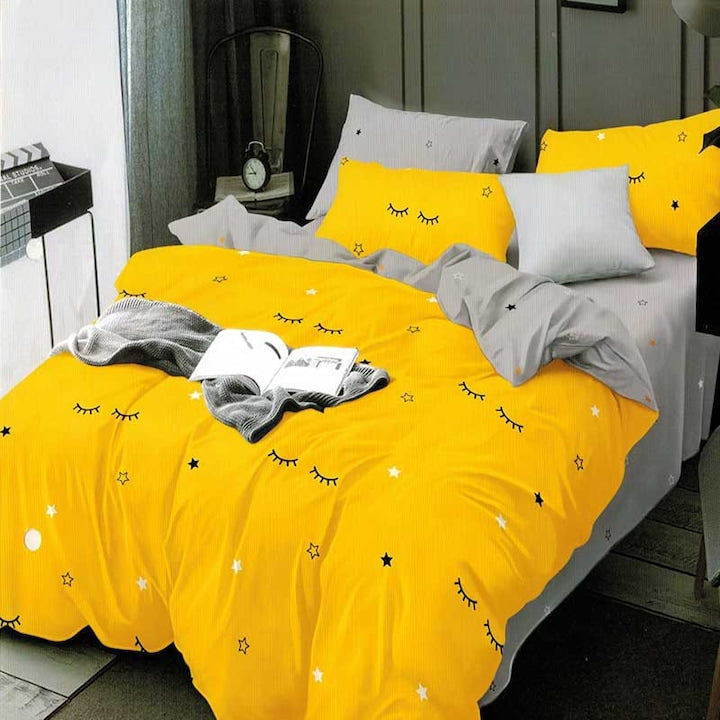 Lenjerie de pat Macvi®, bumbac gros finet, 2 persoane, 4 piese, galben, potrivita pentru saltele 180x220 - 200x230