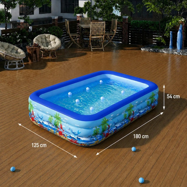 Piscina gonflabila familiala Macvi® 180 x 125 x 54 cm, 3 inele, PVC rezistent, capacitate 370 L, pentru 2 adulti si 3 copii, design tropical, albastru/alb