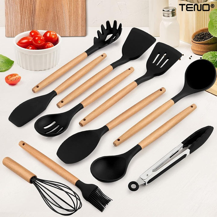 Set Ustensile Bucatarie 12 Piese Silicon Alimentar Teno®, termorezistente, antiaderente, sigure, suport inclus, negru