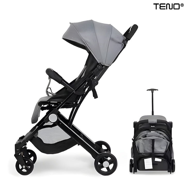 Carucior Sport pentru Bebelusi Teno®, pliabil, usor de carat, sezut reglabil, spatios, cosulet dorsal, buzunar la spate, copertina retractabila, greutate maxima suportata 25 kg, gri inchis