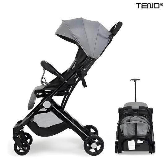 Carucior Sport pentru Bebelusi Teno®, pliabil, usor de carat, sezut reglabil, spatios, cosulet dorsal, buzunar la spate, copertina retractabila, greutate maxima suportata 25 kg, gri inchis