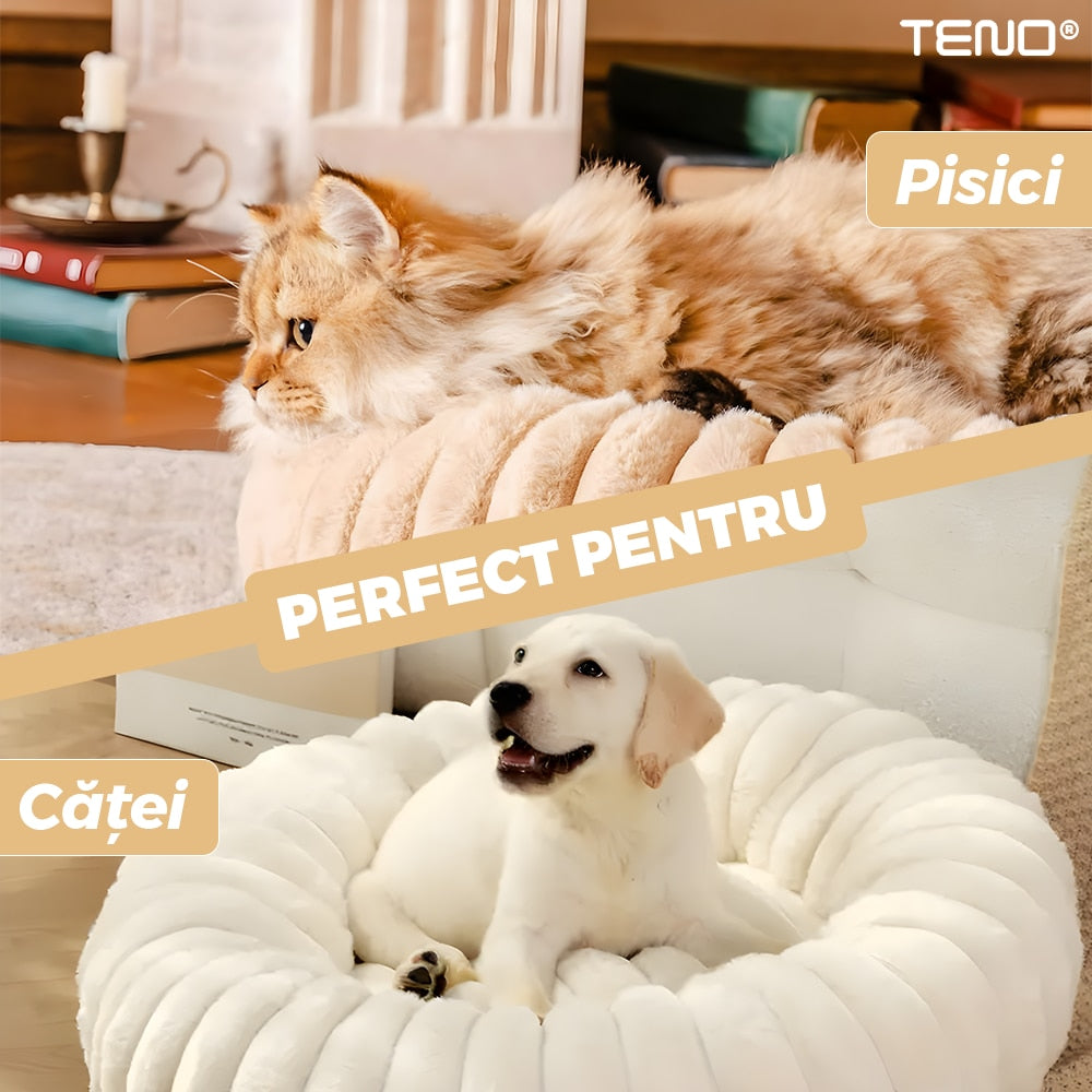 Pat Animale Teno®, captusit, moale, pufos si calduros, pentru caini si pisici, diametru 90 cm, baza anti-alunecare, design dungat, bej
