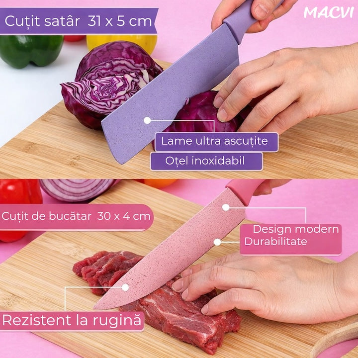Set cutite bucatarie Macvi® 7 piese, otel inoxidabil, foarfece, curatator legume, tocator inclus, pentru carne, fructe si legume