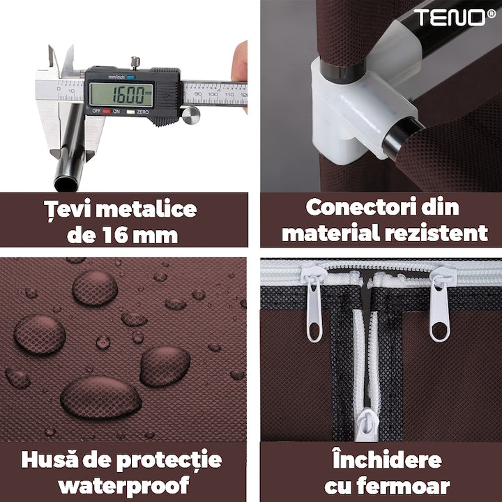 Dulap din Material Textil pentru Haine si Incaltaminte Teno®, impermeabil, 8 rafturi, inchidere fermoar, suport umerase, cadru otel, 170 cm, maro
