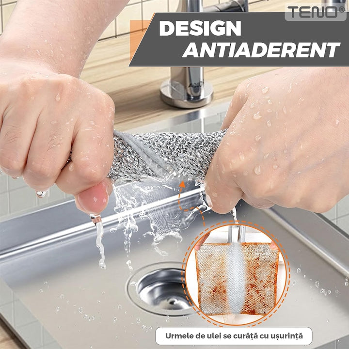 Set 5 Lavete Abrazive Teno®, tesatura cu sarma de otel, dublu strat, anti-aderente, curatare in profunzime, rezistente, 20 x 20 cm, gri