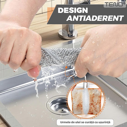 Set 5 Lavete Abrazive Teno®, tesatura cu sarma de otel, dublu strat, anti-aderente, curatare in profunzime, rezistente, 20 x 20 cm, gri