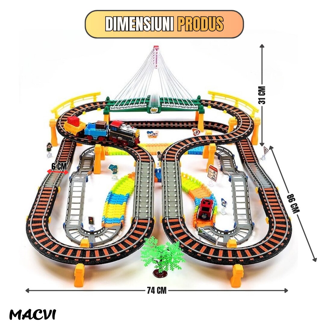 Circuit 2 in 1 XXL Macvi® 140 Piese, 86x74 cm, cu Trenulet Electric si Masinuta, Pod cu Lumini, Pista Rapid Transit de Mare Viteza, Multicolor