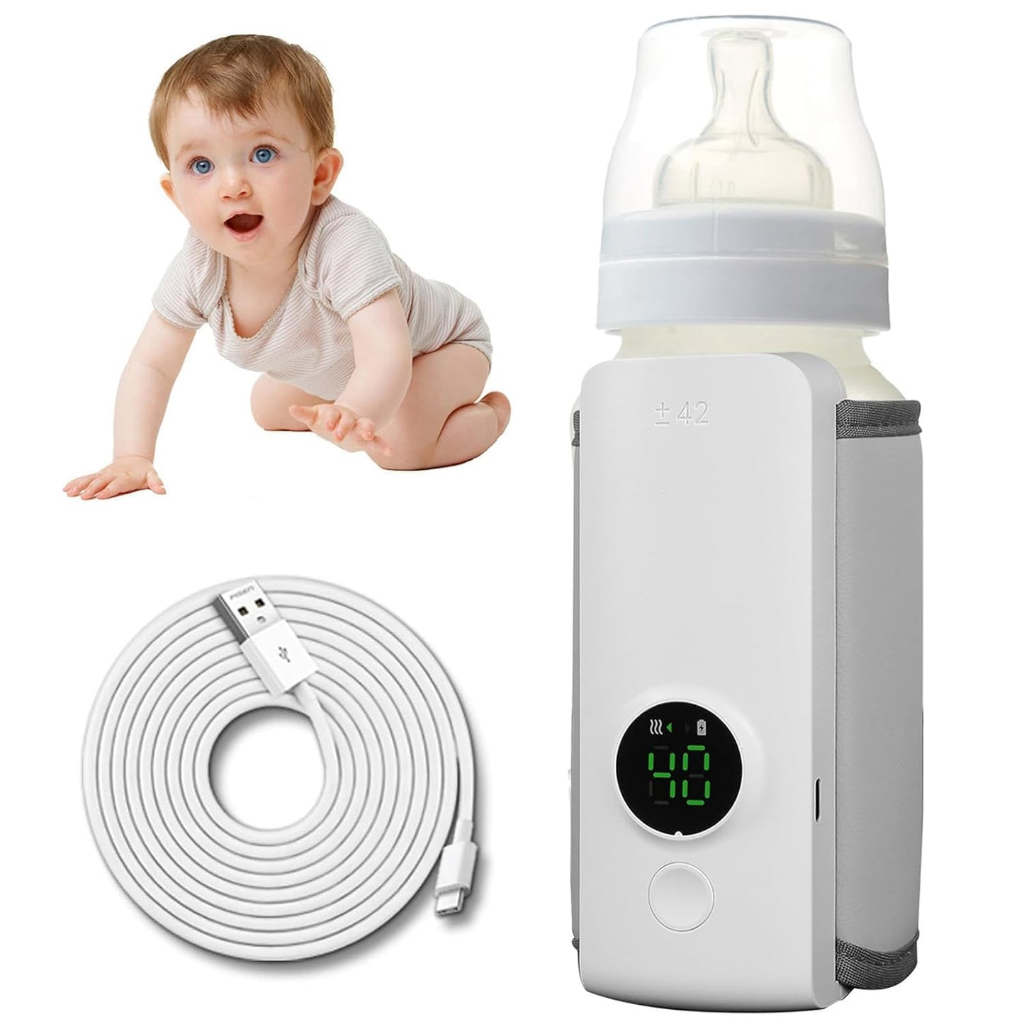 Incalzitor portabil pentru biberoane MACVI, 6 niveluri temperatura, mentinere caldura pana la 5 ore, alimentare USB, 300 ml