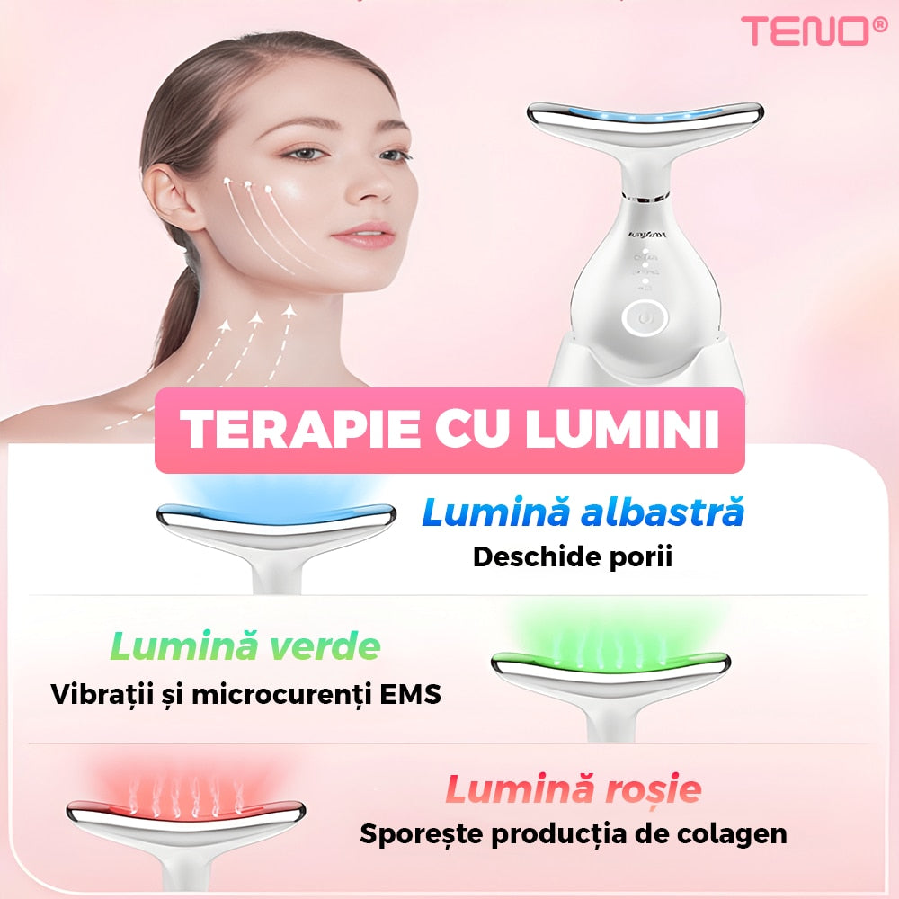 Dispozitiv Anti-Rid Teno®, aparat de masaj facial si pentru gat, suport inclus, cu incalzire pana la 42°C, 3 moduri de vibratie, fototerapie, lifting si reducerea ridurilor, alb