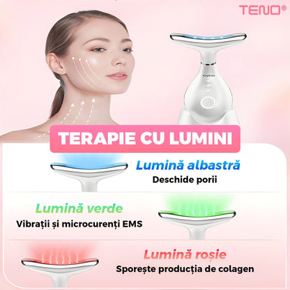 Dispozitiv Anti-Rid Teno®, aparat de masaj facial si pentru gat, suport inclus, cu incalzire pana la 42°C, 3 moduri de vibratie, fototerapie, lifting si reducerea ridurilor, alb