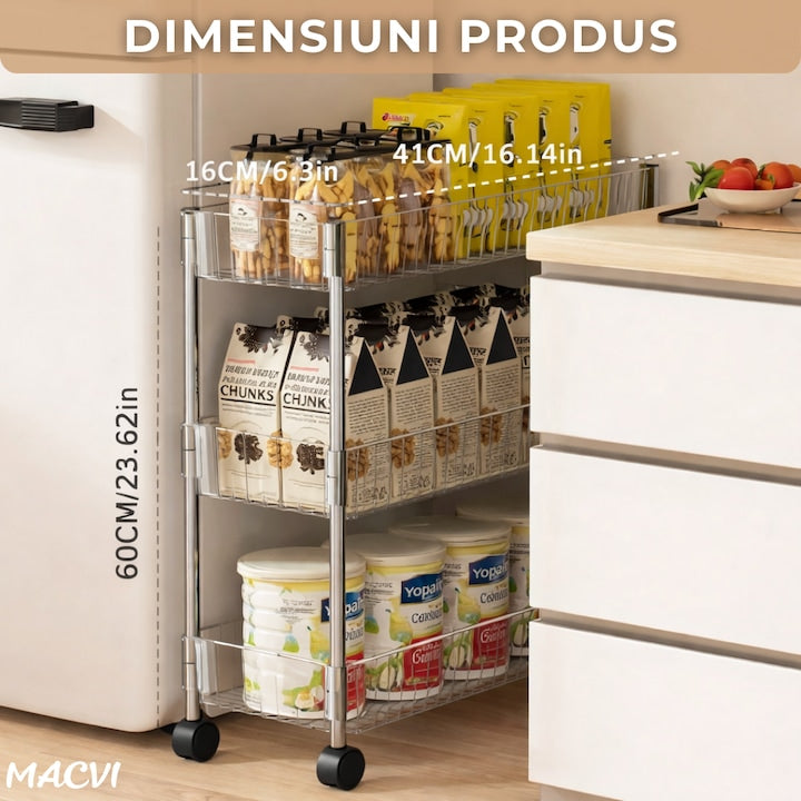 Raft depozitare Macvi® mobil cu 3 rafturi acrilice ingust cu roti pentru bucatarie baie si spatii mici 41 x 16 x 60 cm