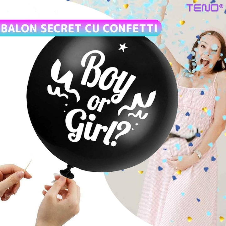 Set 7 Baloane Teno®, pentru Petreceri/Evenimente, bebe, biberon, caciulita, confetti, model GENDER REVEAL, multicolor