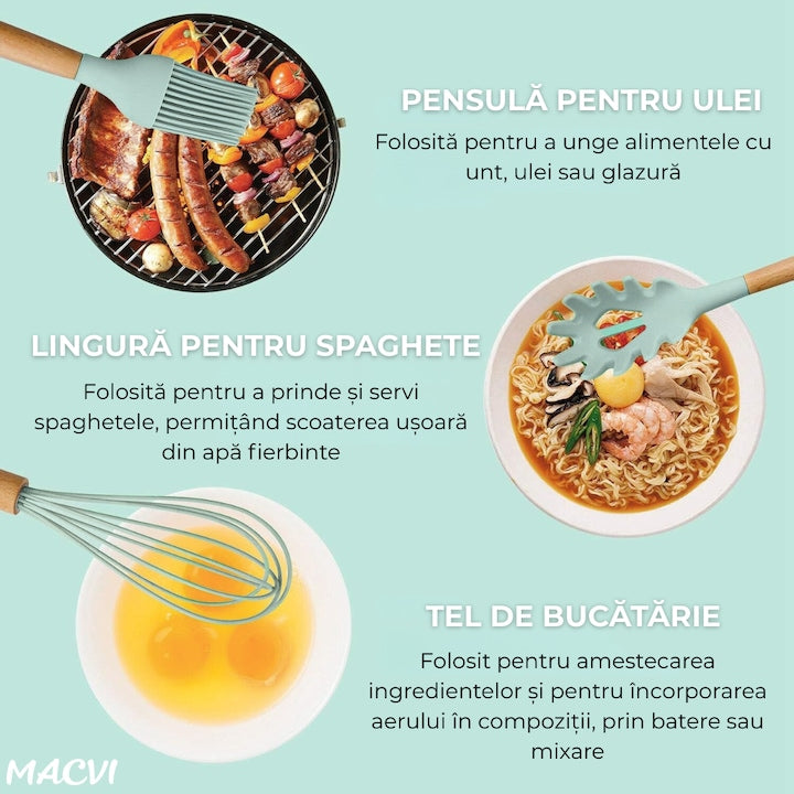 Set ustensile Macvi® bucatarie silicon premium 19 piese cu suport organizare cutite tocator linguri spatule fara BPA rezistente la temperaturi ridicate verde menta