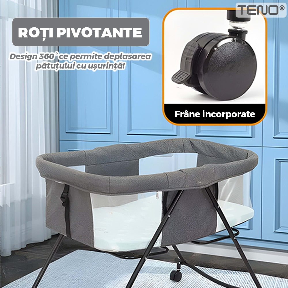 Patut Pliabil pentru Bebelusi Teno®, sistem de blocare, plasa anti-insecte, pliabil, roti retractabile, rezistent, comod, usor de depozitat, gri