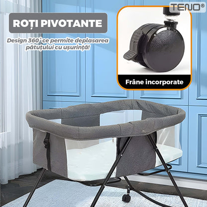 Patut Pliabil pentru Bebelusi Teno®, sistem de blocare, plasa anti-insecte, pliabil, roti retractabile, rezistent, comod, usor de depozitat, gri