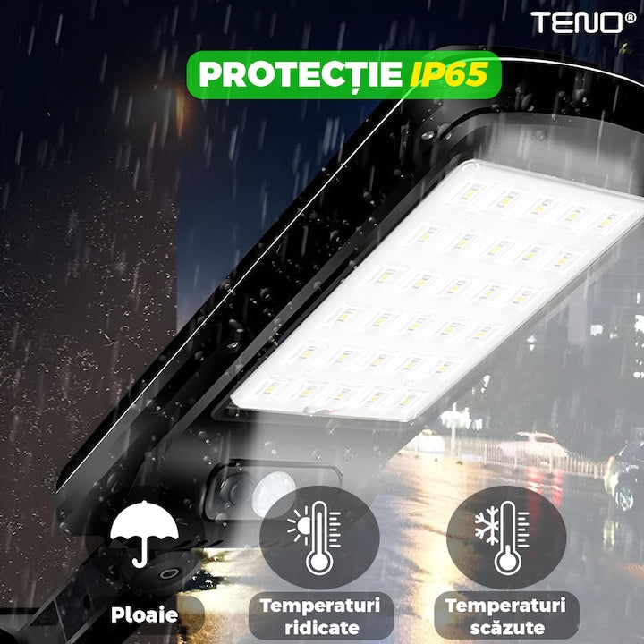 Lampa Solara Stradala 30 LED-uri Teno®, control prin telecomanda, senzor de miscare, 3 moduri de iluminare, protectie IP65, Waterproof, exterior, negru