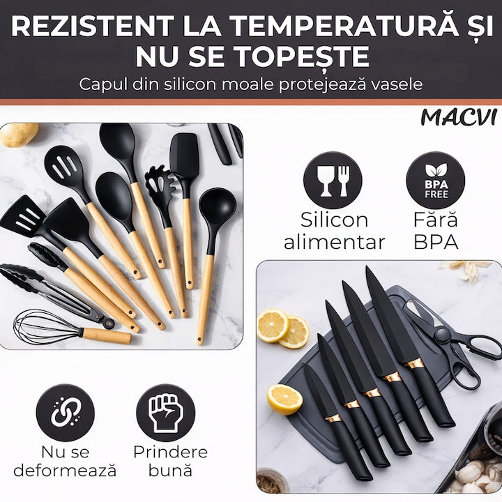 Set Ustensile Bucatarie Macvi® 19 Piese Silicon Termorezistent si Bambus, Cutite Inox, Suport Organizator Compact, Design Negru Elegant