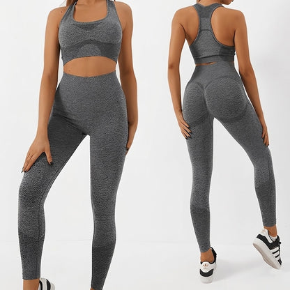 Set Costum Fitness din 2 Piese Teno®, colanti si bustiera, material respirabil, uscare rapida, elasticitate ridicata, one-size, gri
