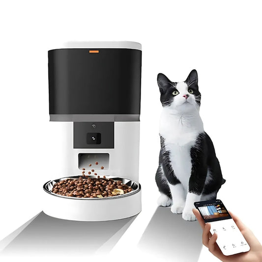 Dozator Automat Hrana Animale Macvi® 6L cu Camera HD 1080P, Audio Bidirectional, Control din Telefon, WiFi 5G, Vas Inox, Programare Mese pentru Caini si Pisici