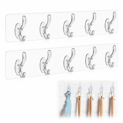 Suport autoadeziv baie sau bucatarie Macvi®, transparent, plastic rezistent, 5 carlige multifunctionale, 35 x 7 cm