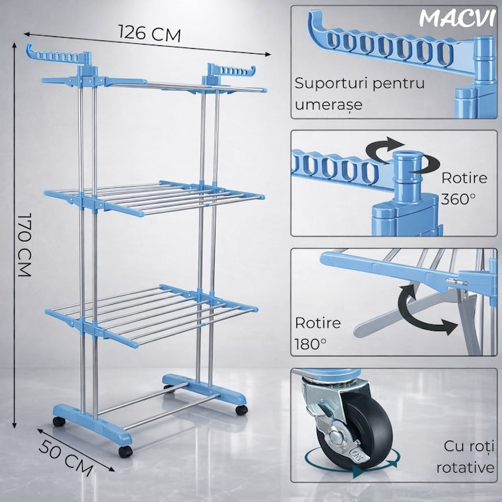 Uscator vertical pentru rufe Macvi®, cu 3 nivele de uscare, mobil si pliabil, suport umerase, albastru
