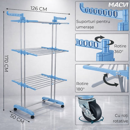 Uscator vertical pentru rufe Macvi®, cu 3 nivele de uscare, mobil si pliabil, suport umerase, albastru