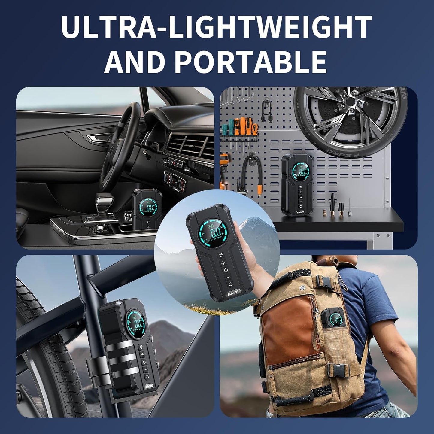 Compresor de aer auto Macvi® Smart, portabil si multifunctional, 6000mAh, 180PSI, lanterna LED SOS, baterie externa si accesorii complete