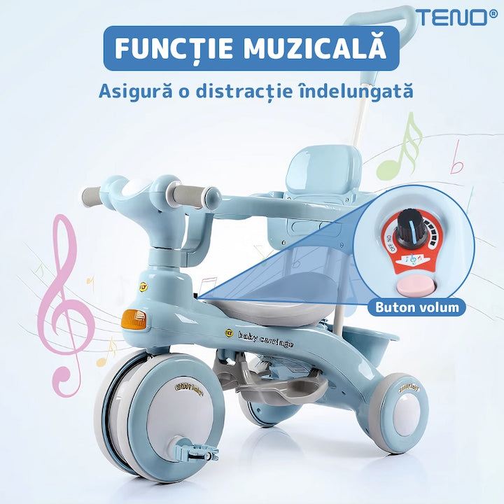 Tricicleta Multifunctionala Teno®, structura stabila, pedale anti-derapante, suport picioare, cosulet pe spate, spatar detasabil, parasolar, muzica incorporata, albastru