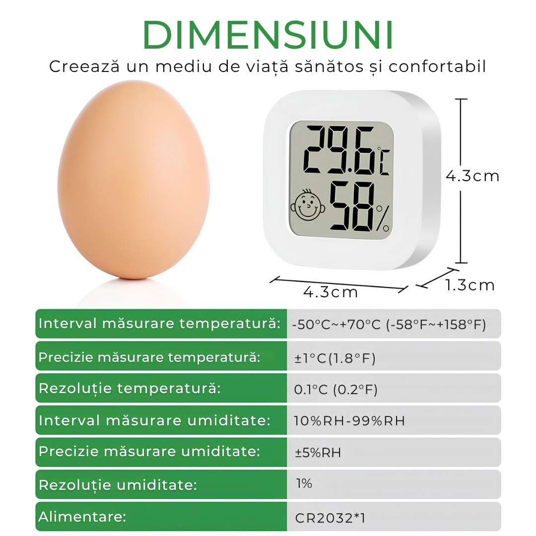 Termometru si higrometru camera Macvi®, indicator comfort, citire 10 secunde, senzor precis, Interval umiditate: 10% - 99% RH, -20°C pana la +60°C, ultra compact, alb